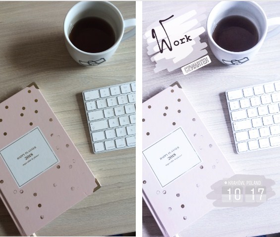 Porównanie dwóch zdjęć kawy, notesu i klawiatury na biurku